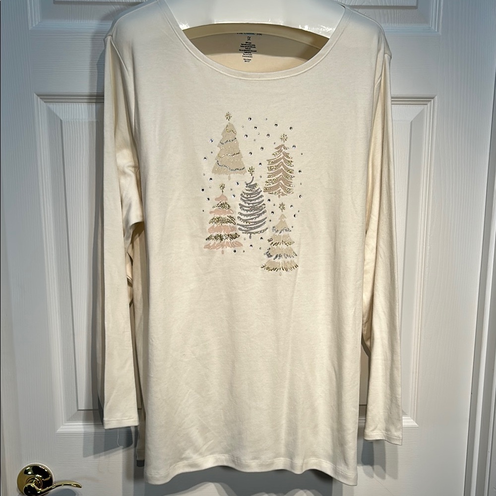 Croft & Barrow Cream Long Sleeve Top with Festive Tree Design Size 3X